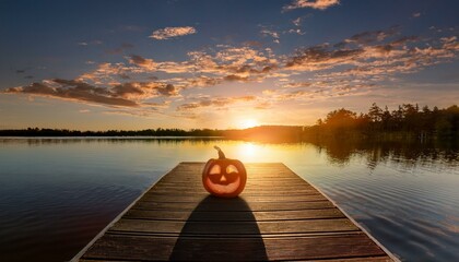 festive halloween pumpkin glows on a serene lakeside pier at sunset creating a spooky atmosphere