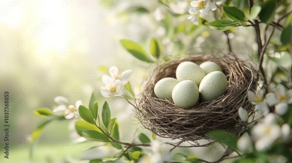 Poster a nest with speckled eggs surrounded by delicate flowers and greenery in a serene setting.