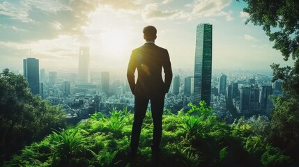 Businessman planning eco friendly esg initiative for sustainable future ecology with chart display