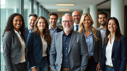 Diverse Group of Professional Business Team in Bright Office Environment - Leadership, Teamwork, and Collaboration