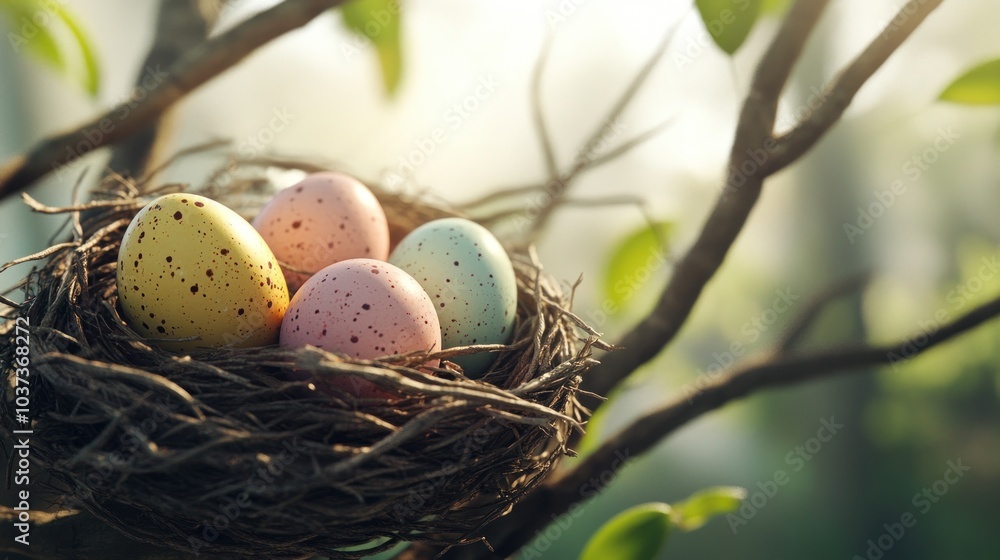 Poster a colorful nest with speckled eggs perched on a tree branch in a serene environment.