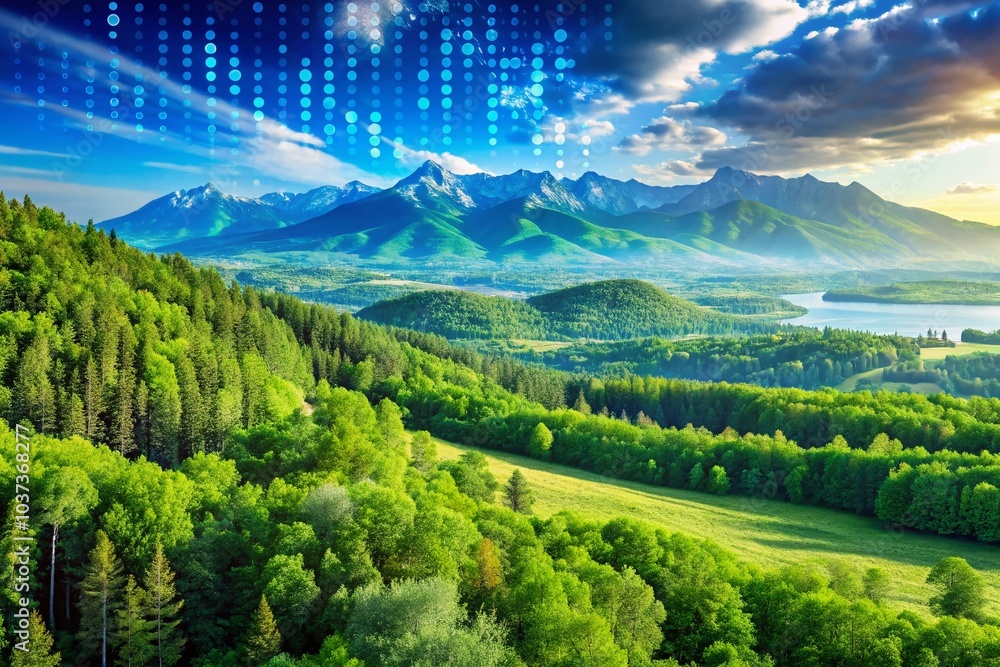 Poster russia map with binary code overlay in a stunning landscape setting