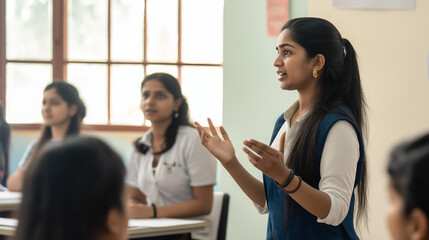 An image of an Indian student confidently presenting a project in front of classmates, showcasing communication skills and teamwork in an educational setting.
