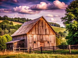 Fototapeta premium Rustic Barn Farm Building in a Village Landscape - Capturing Country Charm and Serenity
