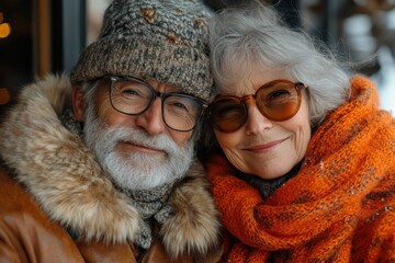 Elderly couple enjoying a cozy moment outdoors during winter in a charming café setting