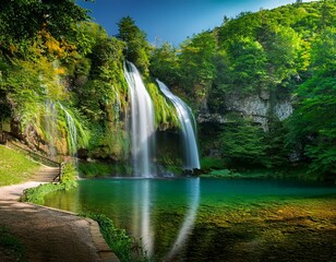 majestic waterfall cascades down a steep cliff feeding into a serene lake amidst a lush green forest and meandering pathways