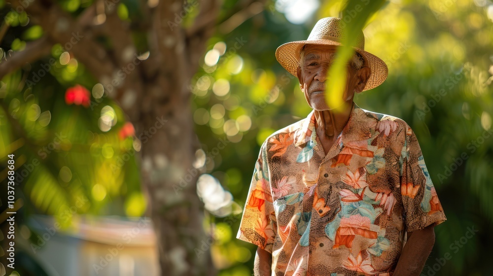 Wall mural Elderly Man in a Tropical Garden