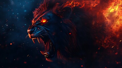A majestic roaring lion with a fiery mane illuminating the night sky symbolizing power and courage in nature's realm