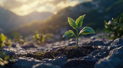 Close Up of a Young Plant Bathed in Morning Light. Embracing the Energy of New Beginnings. Cultivating Agriculture and Eco Living