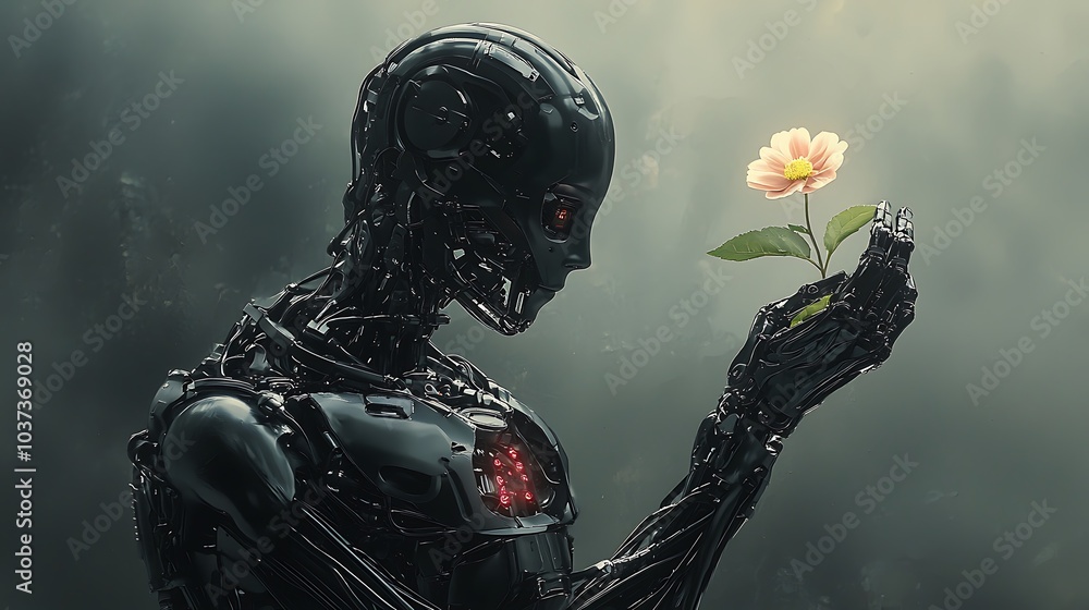 Poster a futuristic cyborg embracing nature a symbol of harmony between technology and life through a delic
