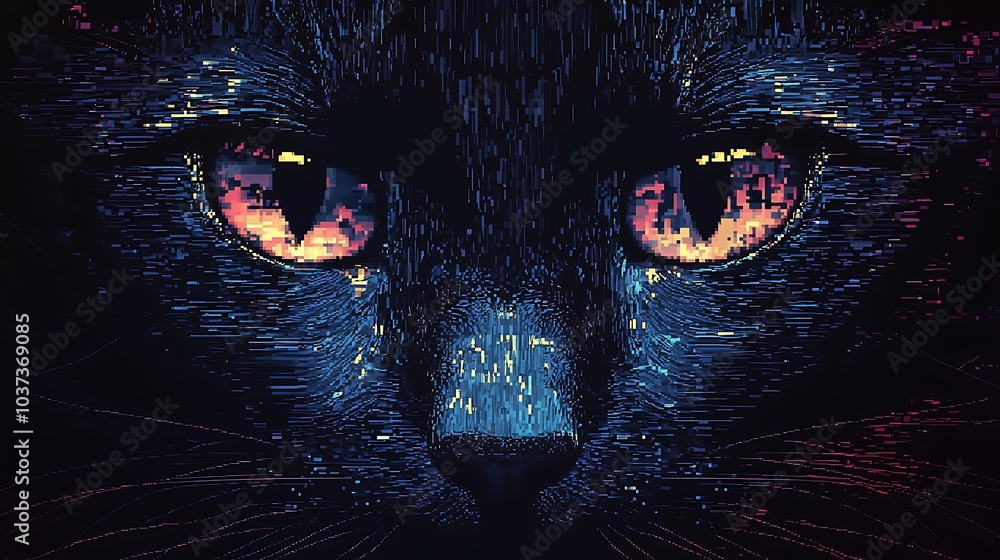 Poster a captivating feline with pixelated eyes that transform with each scene blending art and nature in d