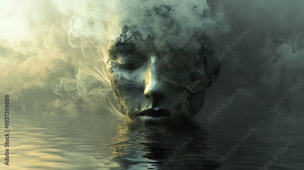 Poster the enigmatic deity of mist a reflection of serenity and mystery in ethereal waters