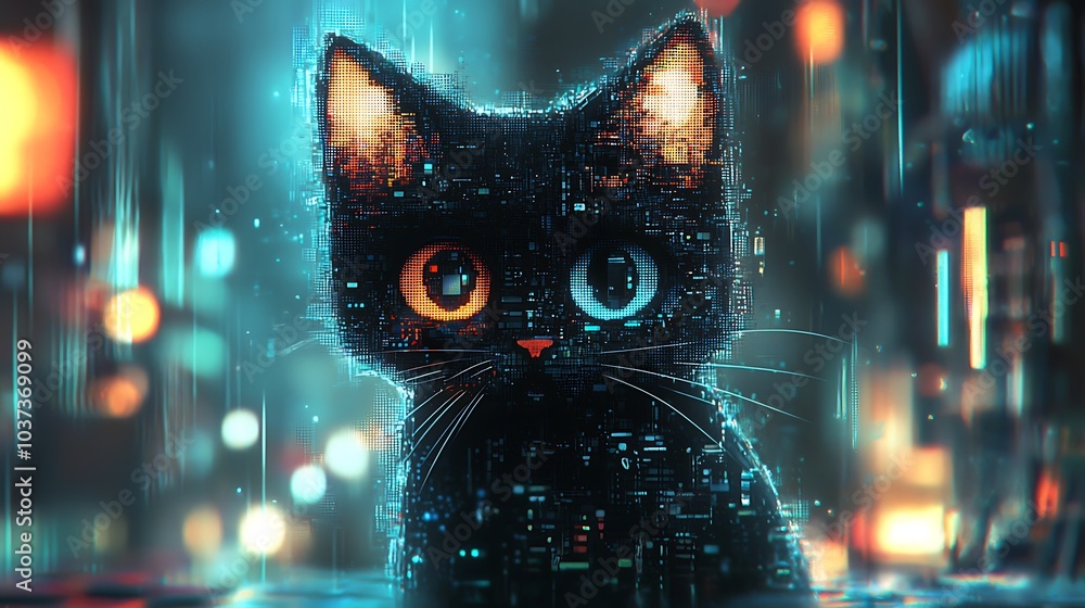 Leinwandbilder a digital feline with pixelated eyes exploring the fusion of technology and nature in an artistic re