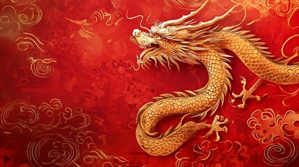 Obraz premium Festive Chinese-style art featuring detailed gold dragons and swirling clouds on a vibrant red background