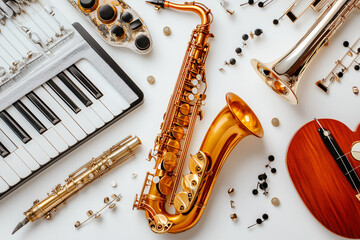 Naklejka premium Various musical retro style instruments isolated on the white background. Top view.