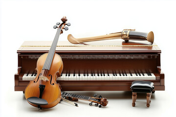 Various musical retro style instruments isolated on the white background. Top view.