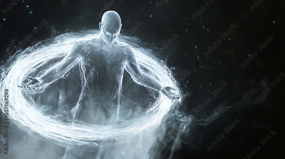 Poster a translucent mist being emanating mystique and energy amidst a cosmic background shaping the unknow