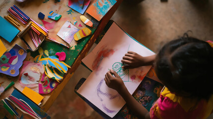 Fototapeta premium A candid shot of an Indian student passionately working on an art project, surrounded by colorful supplies, showcasing creativity and artistic expression.