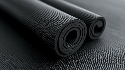 Top view of a blank black yoga mat on a gray surface, showcasing its front and back design.
