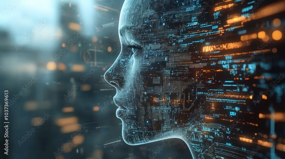Poster futuristic profile with digital data overlay