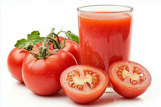 Glass of tomato juice and sliced tomatoes isolated on white background.