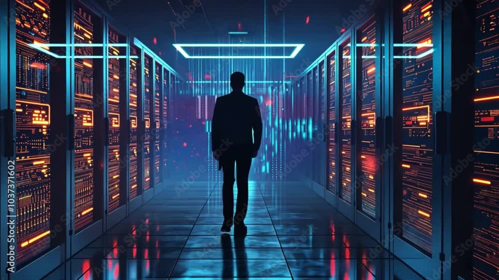 Leinwandbilder in a high-tech data center, a silhouette of a professional walks among rows of illuminated servers. 