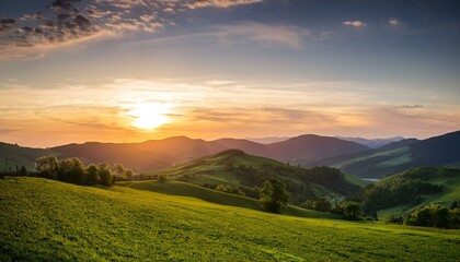 Obraz premium tranquil rural beauty rolling green hills and mountains bask in the warm glow of sunset painting the sky with soft colors