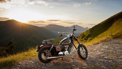 Obraz premium vintage chopper motorcycle standing in mountain landscape at sunset