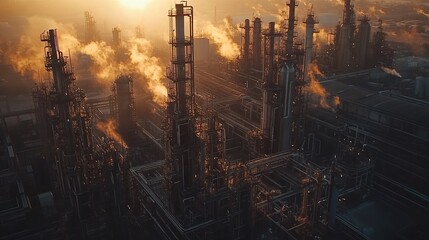 Industrial Complex at Sunrise with Smoke Emissions