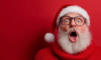 Naklejka premium Surprised Santa Claus in red outfit and glasses against a red background