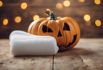 Pumpkin with facial mask and towel on wooden background copy space