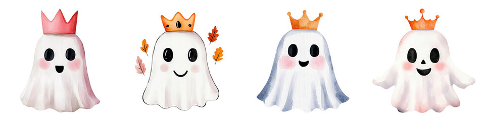 Fototapeta premium cute ghosts with different accessories, including crowns and facial expressions, watercolor, clipart, isolated on transparent background