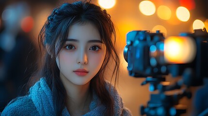 Photography crew setting up camera on a tripod for a detailed shot of a Chinese model in a high-end studio