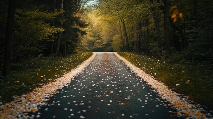 Obraz premium A road surrounded by spring blossoms with flowers covering the ground. Travel banner