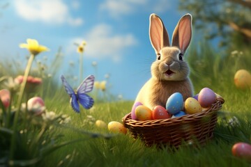 Easter bunny with a basket of colorful eggs in the garden  