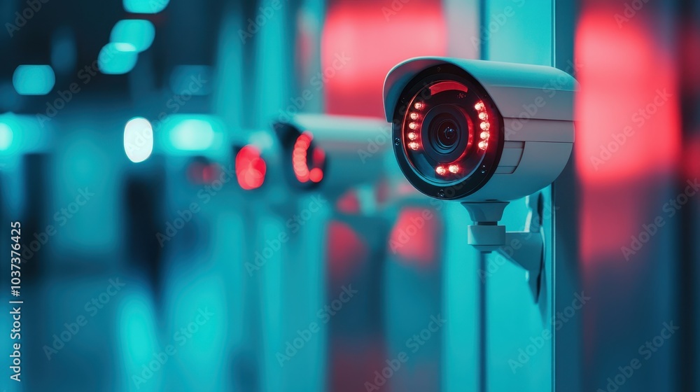 Poster row of surveillance cameras mounted on a wall, with a focus on one camera in the foreground, illumin