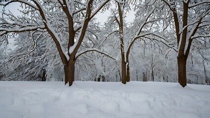 Fototapeta premium A serene scene of snow-covered trees in a tranquil forest, evoking a sense of peace and tranquility. The branches are heavy with snow, creating a magical winter landscape. 