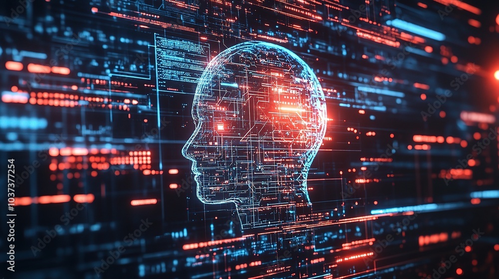 Poster digital human profile with data stream background