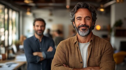 Obraz premium Portrait of business partners in their mid-40s standing in a bright office with a white glass wall, smiling and thinking