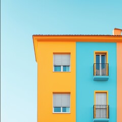 Fototapeta premium A vibrant building showcases colorful facades with large windows and small balconies, exhibiting architectural beauty.