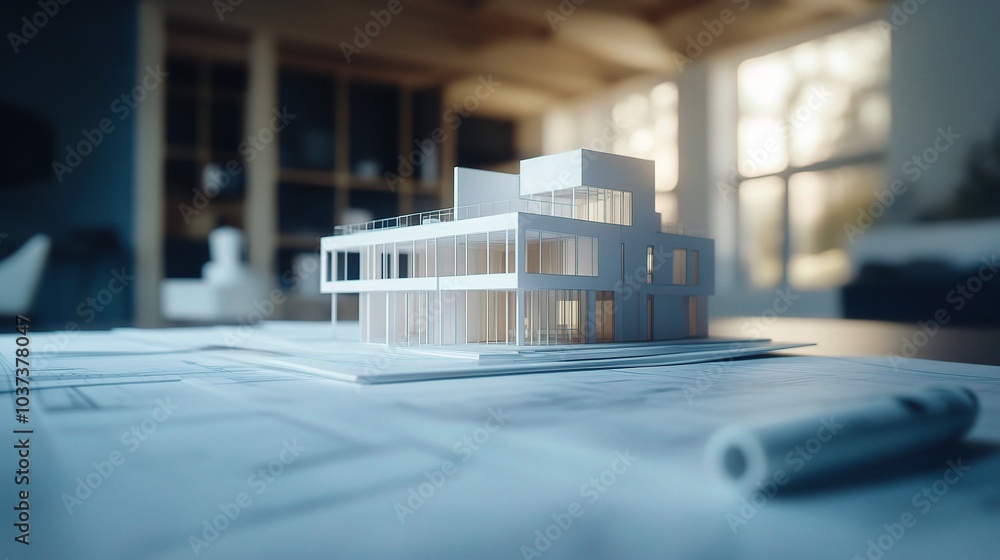 Poster architectural model and blueprint display in office