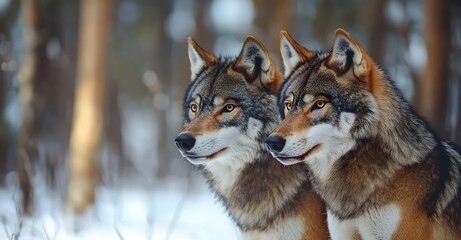 Fototapeta premium Two Wolves in Cold Winter Forest. Ai generation.