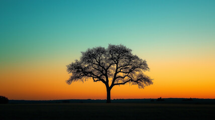 A solitary tree in the middle of an empty field, the sky painted with gradient hues from twilight