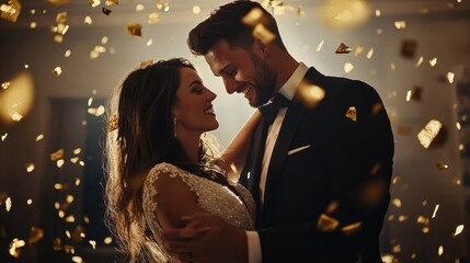 Gorgeous bride and stylish groom dancing under golden confetti at wedding reception. Happy wedding couple performing first dance in restaurant. Romantic moments