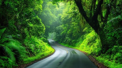 Obraz premium A scenic road through a rainforest with thick greenery on both sides. Travel banner. Road trip 