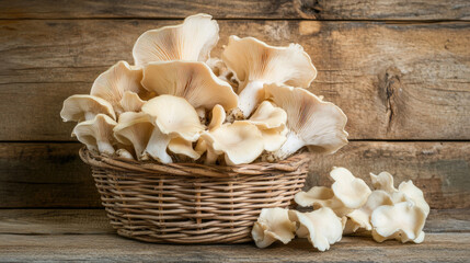 Fototapeta premium A pile of fresh Pleurotus eryngii mushrooms arranged in a wicker basket, set against a rustic wooden background for a natural, organic look --chaos