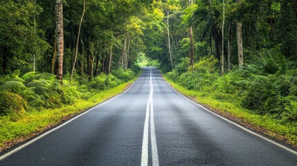 Obraz premium A scenic road through a rainforest with thick greenery on both sides. Travel banner. Road trip 