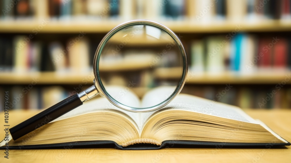 Poster focus on knowledge. magnifying glass over open book in a study setting