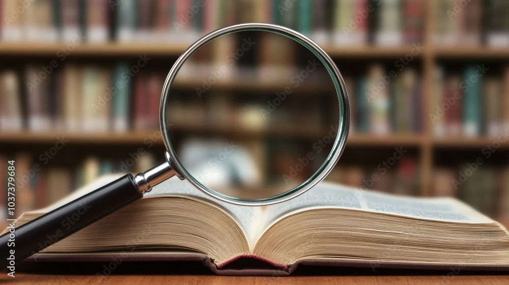 Poster focus on knowledge. magnifying glass over open book in a study setting