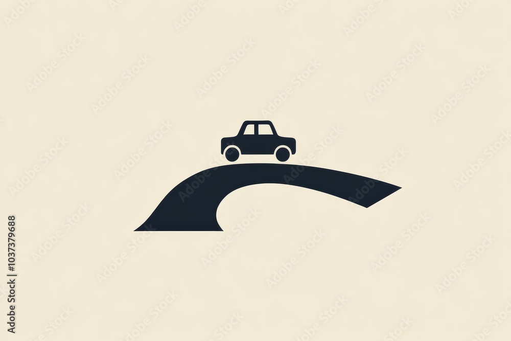 Poster a small, minimalist car navigates a curved road, symbolizing the journey and exploration in a styliz